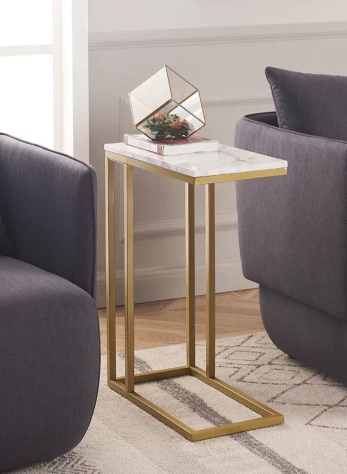 Mobellya Gold Frame C-Shaped Marble Side Table – Compact Bedside End Table - Image 2
